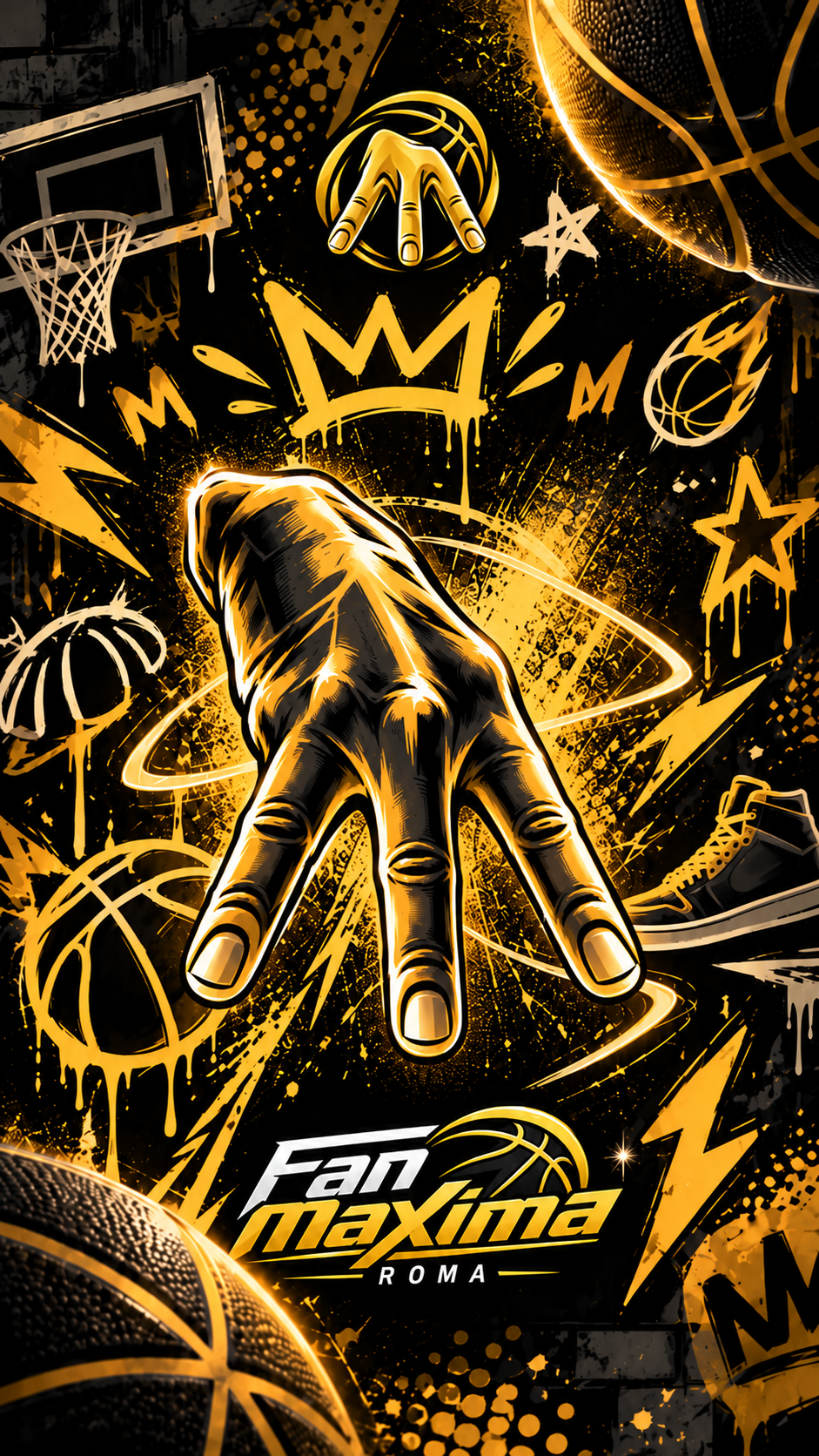 Wallpaper La M dei Maximi: mano dorata nel gesto della M con il logo Fan Maxima Roma