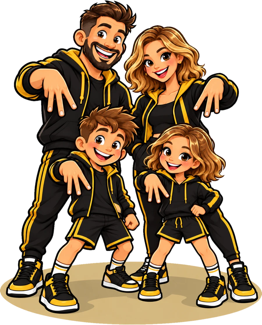 Una famiglia di Maximi in tuta nera e oro fa insieme il gesto della M