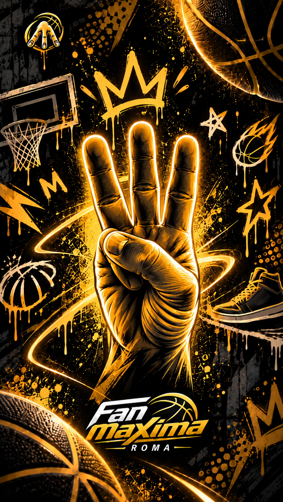 Wallpaper M → 3: mano dorata con tre dita alzate, il gesto della tripla, e logo Fan Maxima Roma